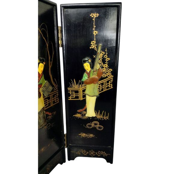 Vintage 1950s Geisha Lacquered Bamboo Abalone Paneled Tabletop Screen Divider - Picture 5 of 12